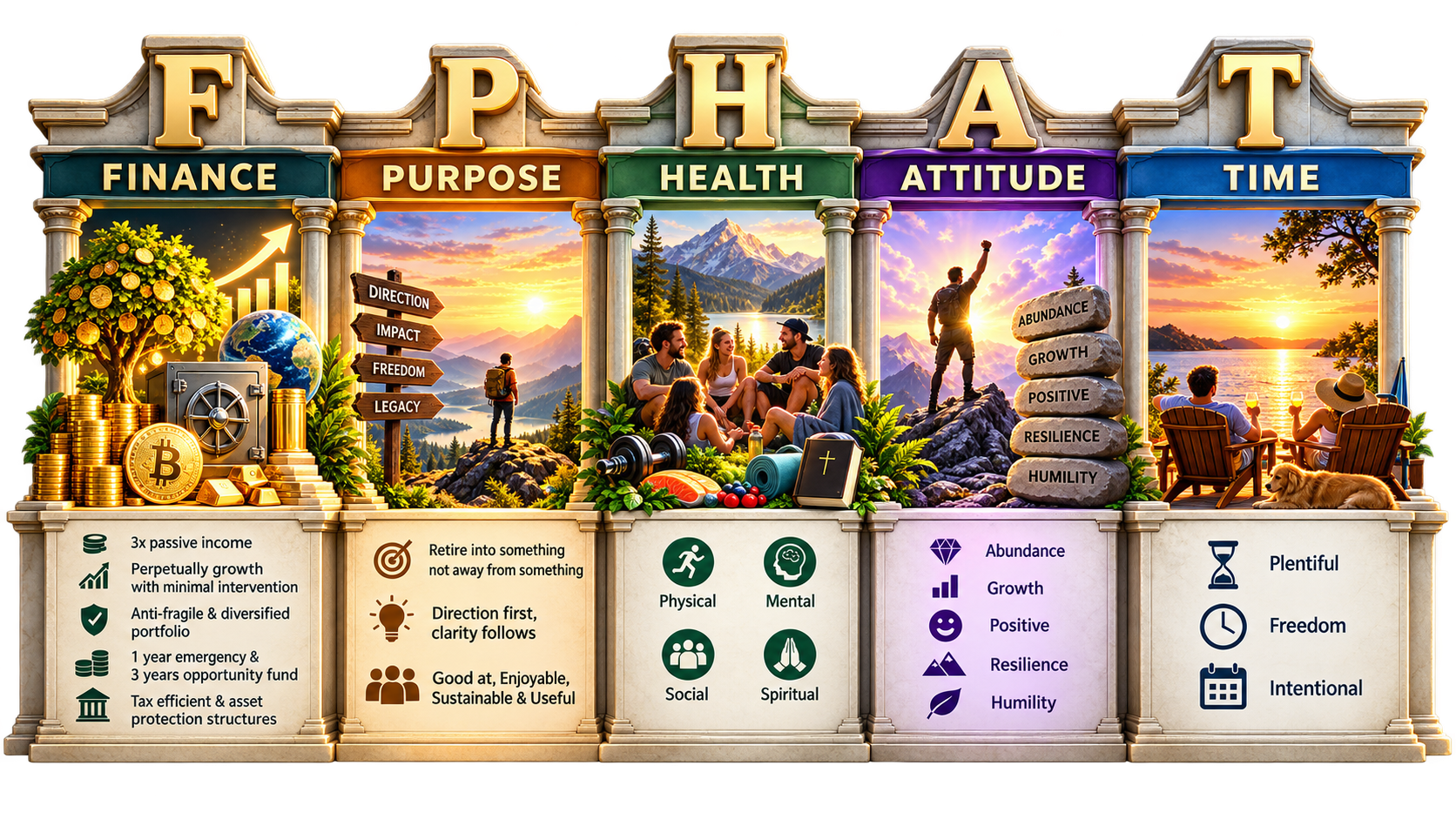 The five pillars of a fulfilling life: Finance, Purpose, Health, Attitude and Time